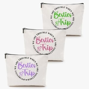 3Pc Besties Trip Canvas Makeup Bag Set White Pink Purple Green Travel Pouch NEW